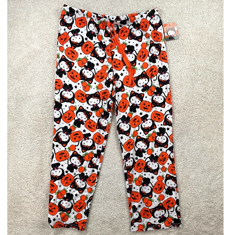 Hello Kitty Sanrio Halloween Pajama Pants Orange Pumpkin Black Cat Large NWT